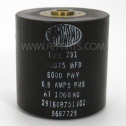 29160B751J02 Sangamo High Voltage Cylindrical Capacitor .00075mfd 6kv 6.8 Amps @ 1000KC (NOS)