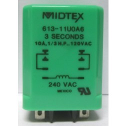613-11U0A6 Time Delay Relay, 10a, 1/3 HP, 120vac, 3 seconds, Midtex